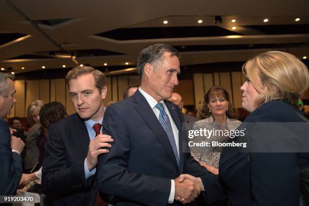 Mitt Romney, former Governor of Massachusetts, speaks during a keynote address at the Utah County Republican Party Lincoln Day Dinner in Provo, Utah,...