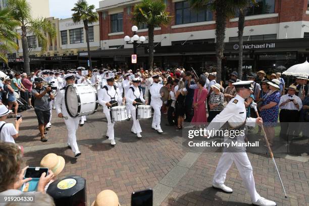 Crowds watch the NZ Navy band perform during the Art Deco Festival on February 17, 2018 in Napier, New Zealand. The annual five day festival...