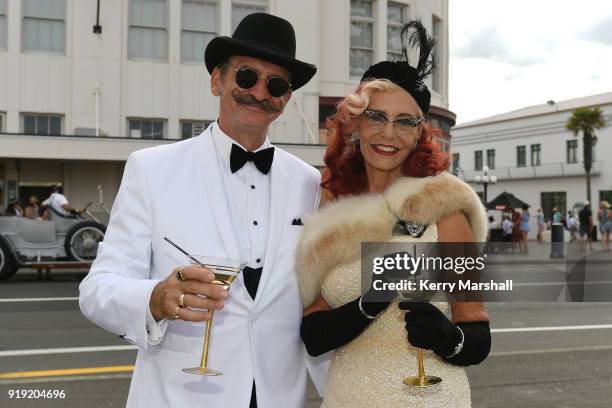 People in period costume enjoy the Art Deco Festival on February 17, 2018 in Napier, New Zealand. The annual five day festival celebrates Napier's...