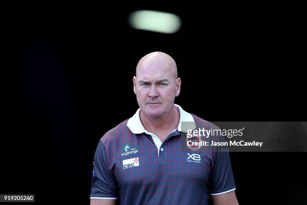 Head Coach of the Dragons Paul McGregor looks on during the NRL trial match between the St George Illawarra Dragons and Hull at ANZ Stadium on...