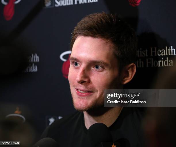 Luke Babbitt of the Miami Heat talks to the media before the game against the Milwaukee Bucks on February 9, 2018 at American Airlines Arena in...