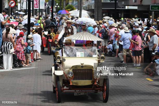 Vintage cars take part in a parade during the Art Deco Festival on February 17, 2018 in Napier, New Zealand. The annual five day festival celebrates...