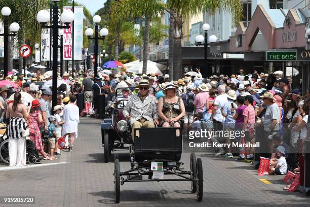 Vintage cars take part in a parade during the Art Deco Festival on February 17, 2018 in Napier, New Zealand. The annual five day festival celebrates...