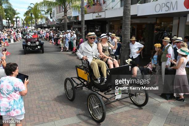 Vintage cars take part in a parade during the Art Deco Festival on February 17, 2018 in Napier, New Zealand. The annual five day festival celebrates...