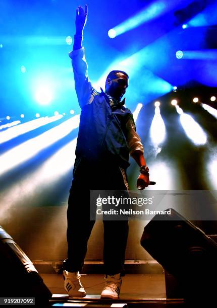 French Montana performs onstage during adidas Creates 747 Warehouse St., an event in basketball culture, on February 16, 2018 in Los Angeles,...