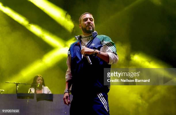 French Montana performs onstage during adidas Creates 747 Warehouse St., an event in basketball culture, on February 16, 2018 in Los Angeles,...