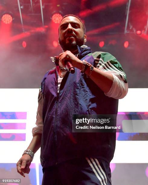 French Montana performs onstage during adidas Creates 747 Warehouse St., an event in basketball culture, on February 16, 2018 in Los Angeles,...