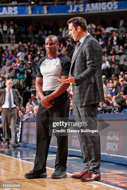 Referee, Tony Brown talks to Luke Walton of the Los Angeles Lakers during the game against the Dallas Mavericks on February 10, 2018 at the American...