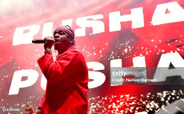 Pusha T performs onstage during adidas Creates 747 Warehouse St., an event in basketball culture, on February 16, 2018 in Los Angeles, California.