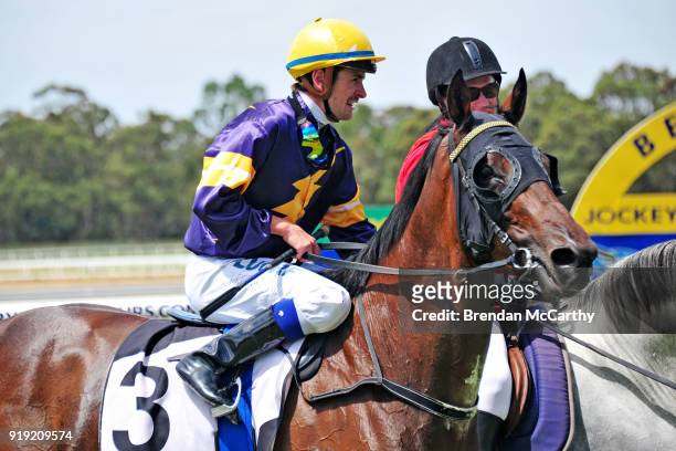 Louisville Lip ridden by Jason Benbow returns to the mounting yard after winning the Rising Sun Hotel Maiden Plate at Bendigo Racecourse on February...