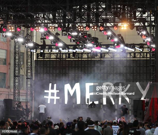 Performs onstage during adidas Creates 747 Warehouse St., an event in basketball culture, on February 16, 2018 in Los Angeles, California.