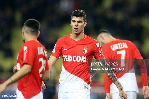 Monaco's Italian forward Pietro Pellegri celebrates a goal of Monaco's Brazilian midfielder Rony Lopez during the French L1 football match Monaco vs...