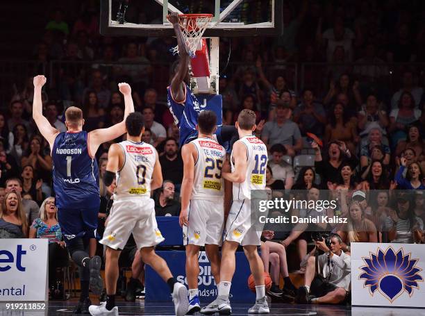 Majok Deng of the Adelaide 36ers dunks during the round 19 NBL match between the Adelaide 36ers and the Brisbane Bullets at Titanium Security Arena...