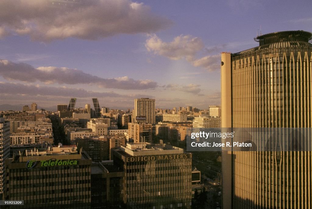 Madrid View at dusk of the sky-scrapers of Azca and the KIO Towers