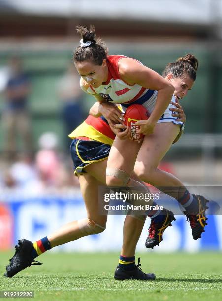 Chelsea Randall of the Adelaide Crows tackles Emma Kearney of the Western Bulldogs during the round three AFLW match between the Adelaide Crows and...