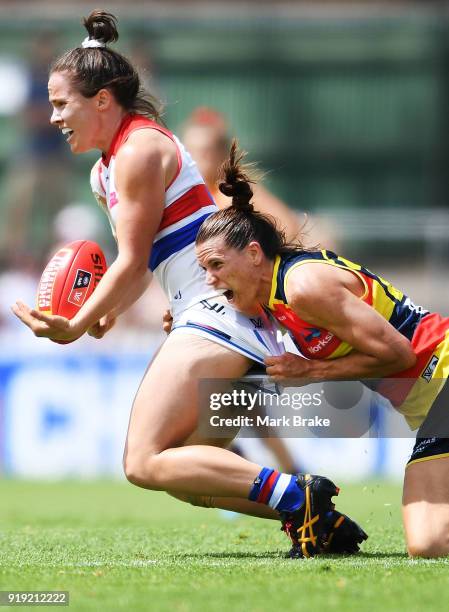 Chelsea Randall of the Adelaide Crows tackles Emma Kearney of the Western Bulldogs during the round three AFLW match between the Adelaide Crows and...