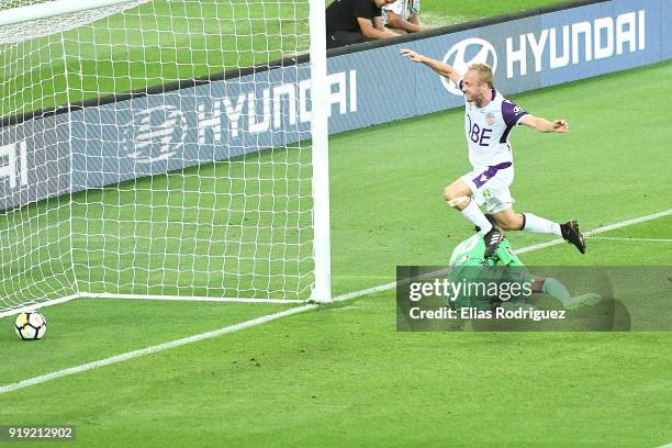 Mitch Nichols of Perth Glory celebrates after a Diego Castro of Perth Glory free kick during the round 20 A-League match between the Wellington...