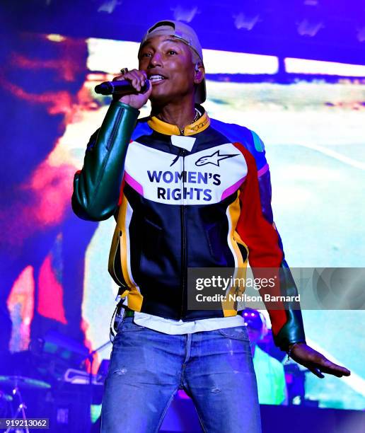 Pharrell Williams of N.E.R.D performs onstage during adidas Creates 747 Warehouse St., an event in basketball culture, on February 16, 2018 in Los...