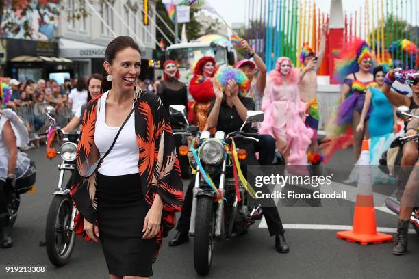 New Zealand Prime Minister Jacinda Ardern opens the Pride Parade on February 17, 2018 in Auckland, New Zealand. The Auckland Pride Parade is part of...