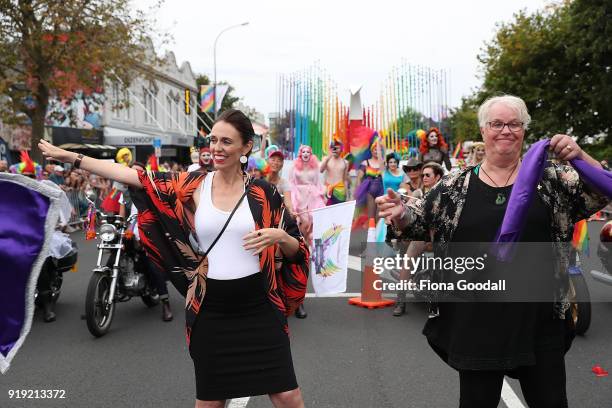 New Zealand Prime Minister Jacinda Ardern opens the Pride Parade on February 17, 2018 in Auckland, New Zealand. The Auckland Pride Parade is part of...