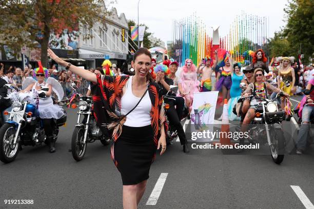 New Zealand Prime Minister Jacinda Ardern opens the Pride Parade on February 17, 2018 in Auckland, New Zealand. The Auckland Pride Parade is part of...