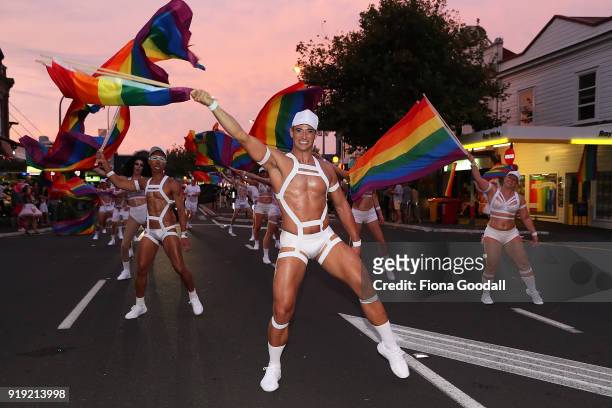 Parade dancers on February 17, 2018 in Auckland, New Zealand. The Auckland Pride Parade is part of the annual Pride Festival promoting awareness of...