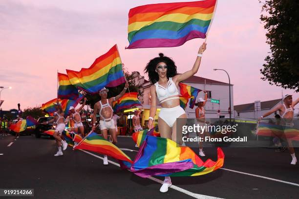 Dancers in the parade on February 17, 2018 in Auckland, New Zealand. The Auckland Pride Parade is part of the annual Pride Festival promoting...