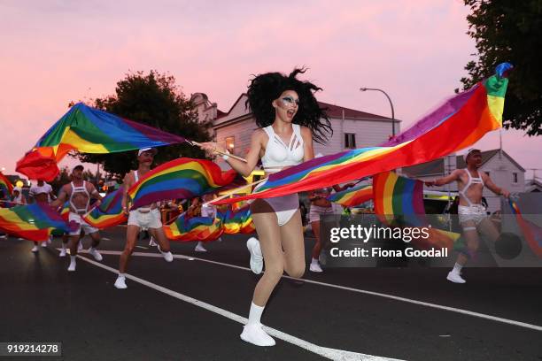 Dancers in the parade on February 17, 2018 in Auckland, New Zealand. The Auckland Pride Parade is part of the annual Pride Festival promoting...