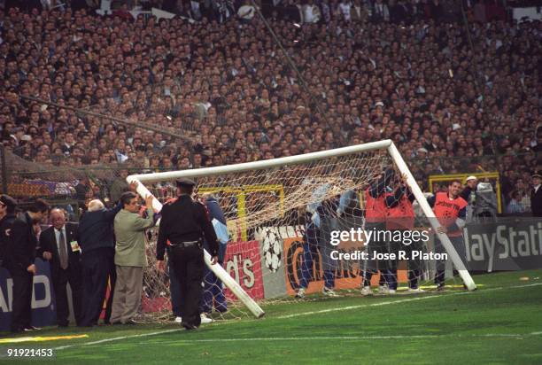 April 01, 1998. Santiago Bernabeu Stadium, Madrid, Spain. Champions League. Real Madrid vs Borussia Dortmund. The collapse of one of the goal meant...