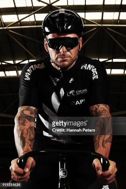 Eddie Dawkins poses for a portrait during the New Zealand Commonwealth Games Cycling Team Announcement at the Avantidrome on February 17, 2018 in...
