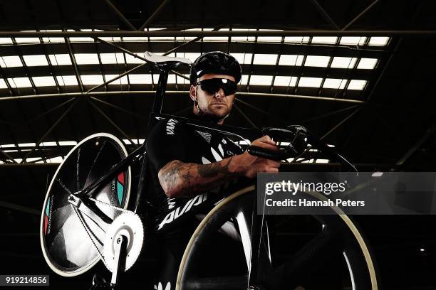 Eddie Dawkins poses for a portrait during the New Zealand Commonwealth Games Cycling Team Announcement at the Avantidrome on February 17, 2018 in...