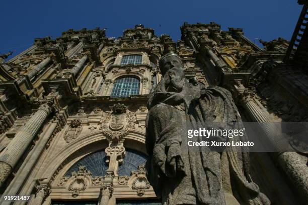 Santiago de Compostela cathedral Baroque facade of the Obradoiro of the Cathedral of Santiago of Compostela. Built between the 11th and 12th...