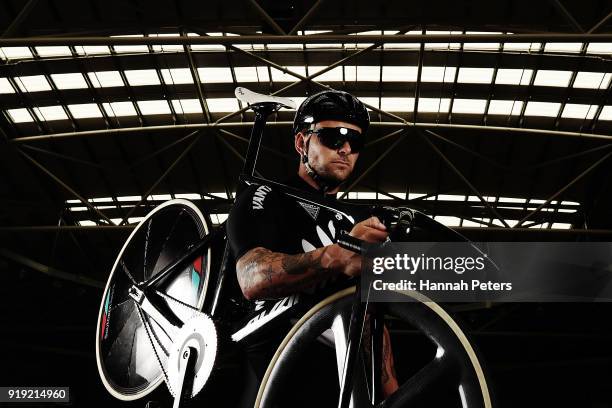 Eddie Dawkins poses for a portrait during the New Zealand Commonwealth Games Cycling Team Announcement at the Avantidrome on February 17, 2018 in...