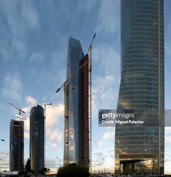 Towers in construction. Tower Box Madrid, Torre Sacyr Vallehermoso, Tower Crystal and Tower Madrid Space. Spain. Four Torres Business Area ,...