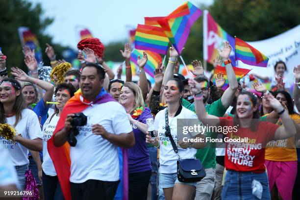 The parade heads down Ponsonby Road on February 17, 2018 in Auckland, New Zealand. The Auckland Pride Parade is part of the annual Pride FestivaL...