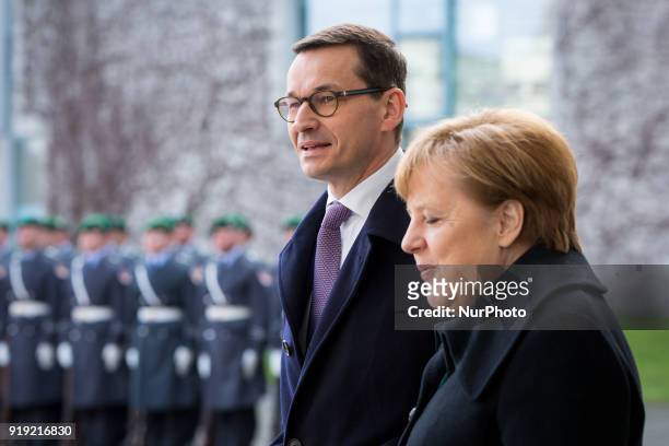 German Chancellor Angela Merkel welcomes Polish Prime Minister Mateusz Morawiecki with military honours in front of the Federal Chancellery in...