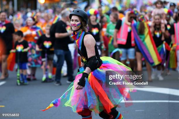 The parade heads down Ponsonby Road on February 17, 2018 in Auckland, New Zealand. The Auckland Pride Parade is part of the annual Pride FestivaL...