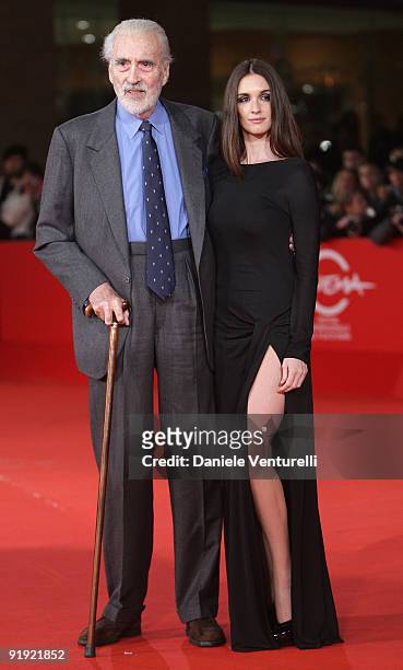 Actors Sir Christopher Lee and Paz Vega attends the "Triage" Premiere during Day 1 of the 4th Rome International Film Festival held at the Auditorium...