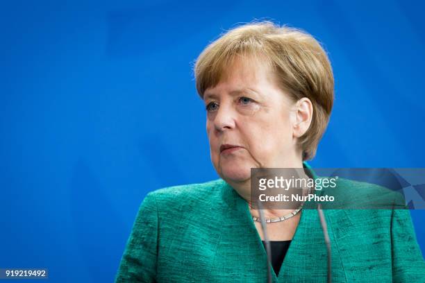 German Chancellor Angela Merkel during a news conference with Polish Prime Minister Mateusz Morawiecki following their meeting in Federal Chancellery...
