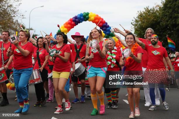 The parade heads down Ponsonby Road on February 17, 2018 in Auckland, New Zealand. The Auckland Pride Parade is part of the annual Pride FestivaL...