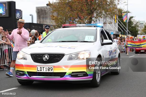 Rainbow police car joins the parade on February 17, 2018 in Auckland, New Zealand. The Auckland Pride Parade is part of the annual Pride FestivaL...