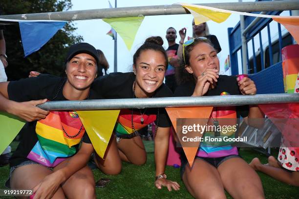 Black Ferns Theresa Fitzpatrick Sarah Goss on the NZR Community Rugby float on February 17, 2018 in Auckland, New Zealand. The Auckland Pride Parade...