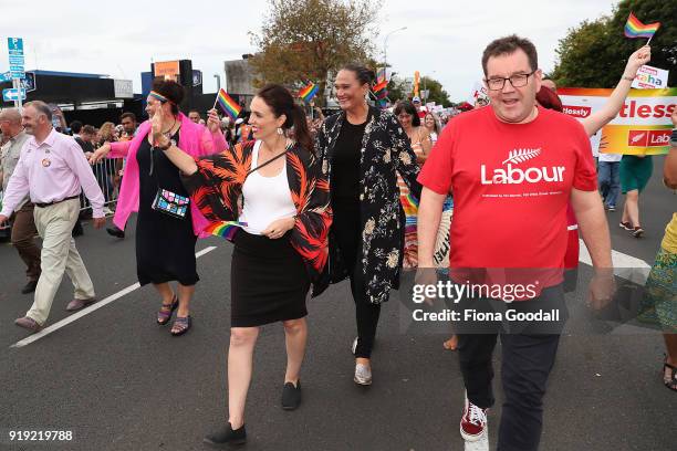 New Zealand Prime Minister Jacinda Ardern is the first PM to walk in the Pride Parade on February 17, 2018 in Auckland, New Zealand. The Auckland...