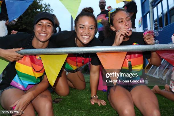 Black Ferns Theresa Fitzpatrick Sarah Goss on the NZR Community Rugby float on February 17, 2018 in Auckland, New Zealand. The Auckland Pride Parade...