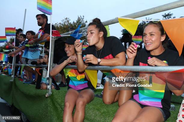 Black Ferns Theresa Fitzpatrick Sarah Goss on the NZR Community Rugby float on February 17, 2018 in Auckland, New Zealand. The Auckland Pride Parade...