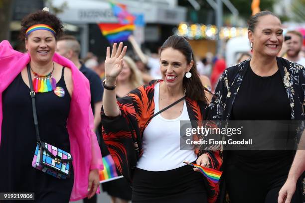 New Zealand Prime Minister Jacinda Ardern is the first PM to walk in the Pride Parade on February 17, 2018 in Auckland, New Zealand. The Auckland...