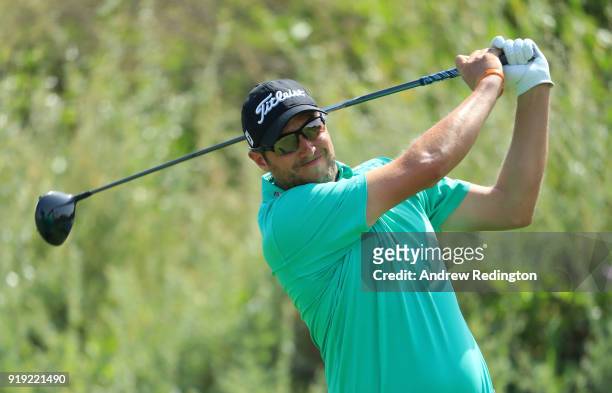 Matthew Southgate of England tees off on the par four second hole during the third round of the NBO Oman Open at Al Mouj Golf on February 17, 2018 in...