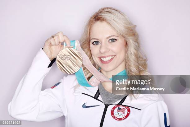 United States figure skater Alexa Scimeca poses with her bronze metal for the team event on the Today Show Set on February 16, 2018 in Gangneung,...