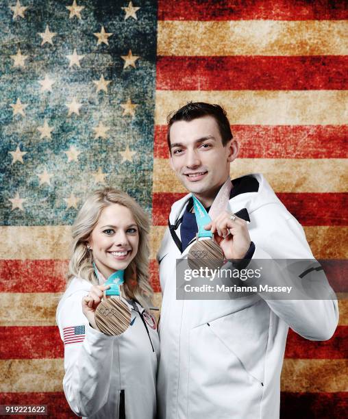 United States figure skaters and husband and wife Alexa Scimeca and Chris Knierim pose with thier bronze metals for the team event on the Today Show...