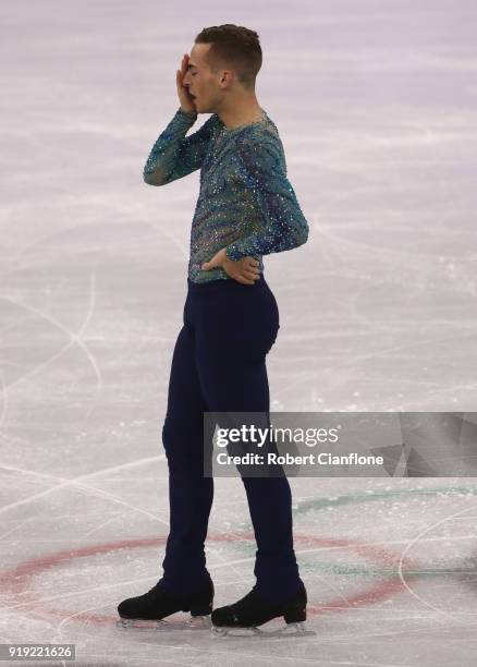 Adam Rippon of the United States reacts after during the Men's Single Free Program on day eight of the PyeongChang 2018 Winter Olympic Games at...